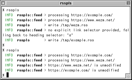 Screenshot of two invocations of rsspls in a terminal. The first fetches and generates the feeds, the second does not change anything as the source pages are unmodifed.